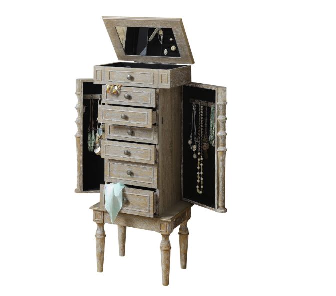 Elegant 16x10x40 inches weathered oak mirror jewelry armoire with six drawers and side hooks.