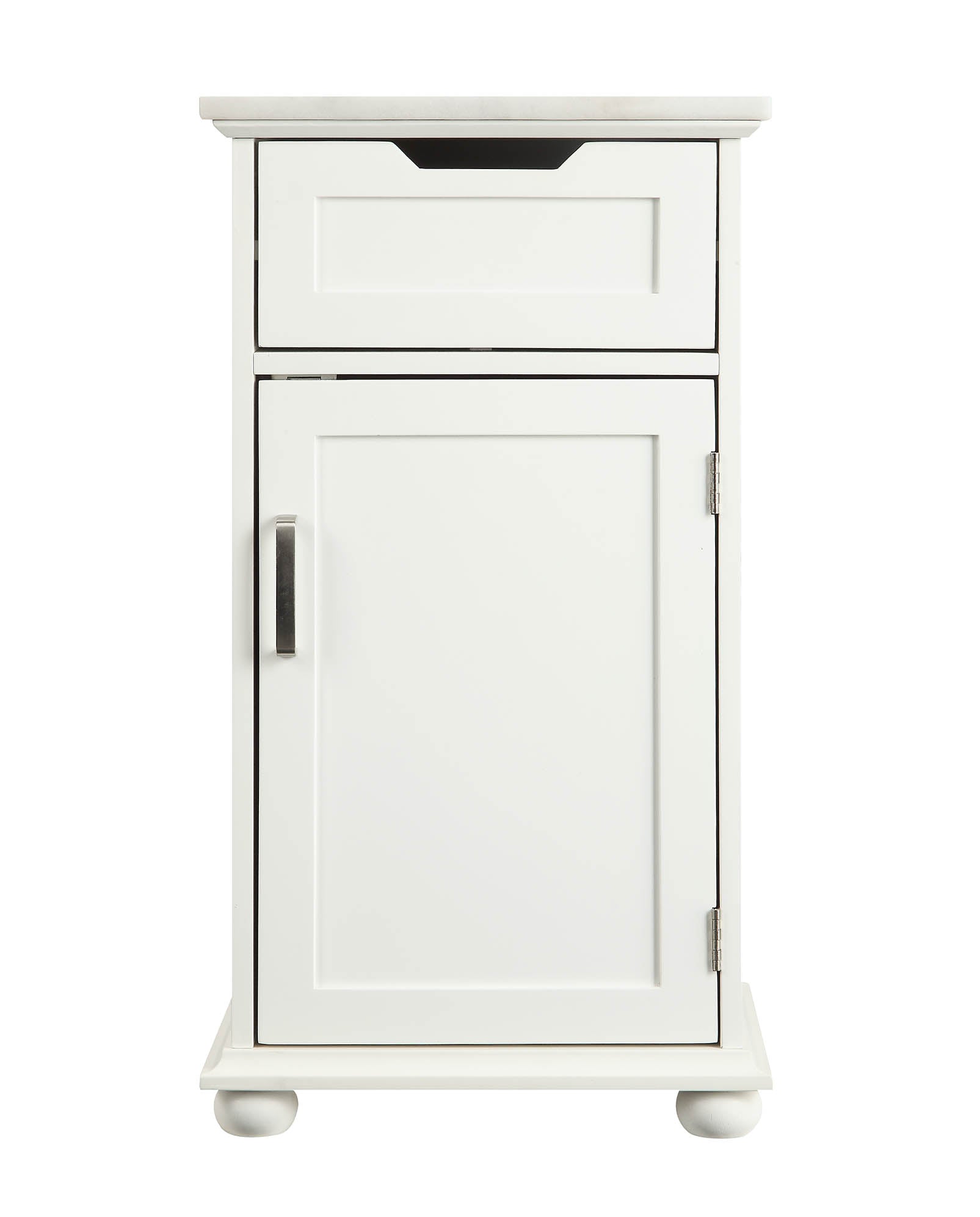 Elegant 16x13x30 inches white cabinet with marble top and wooden door, perfect for stylish storage.