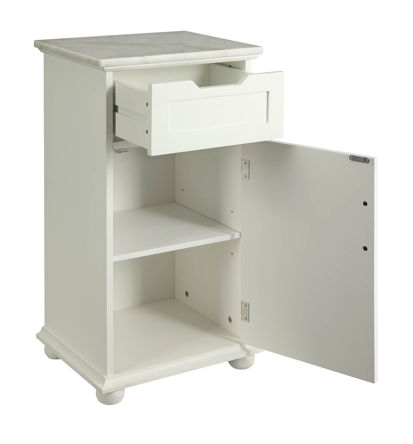 Elegant 16x13x30 inches white cabinet with marble top and wooden door, perfect for stylish storage.