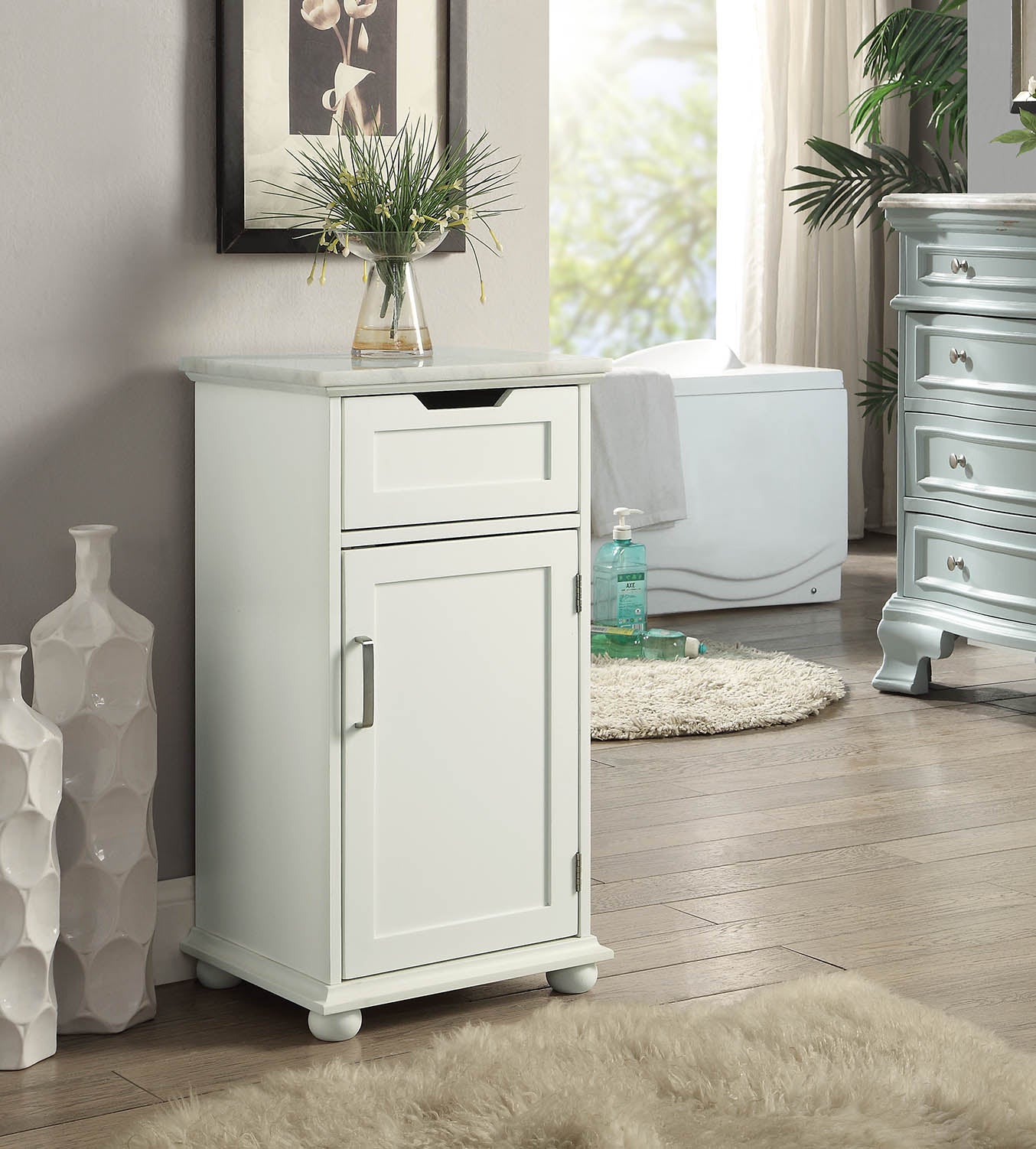 Elegant 16x13x30 inches white cabinet with marble top and wooden door, perfect for stylish storage.