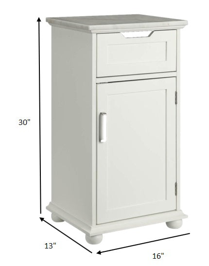 Elegant 16x13x30 inches white cabinet with marble top and wooden door, perfect for stylish storage.