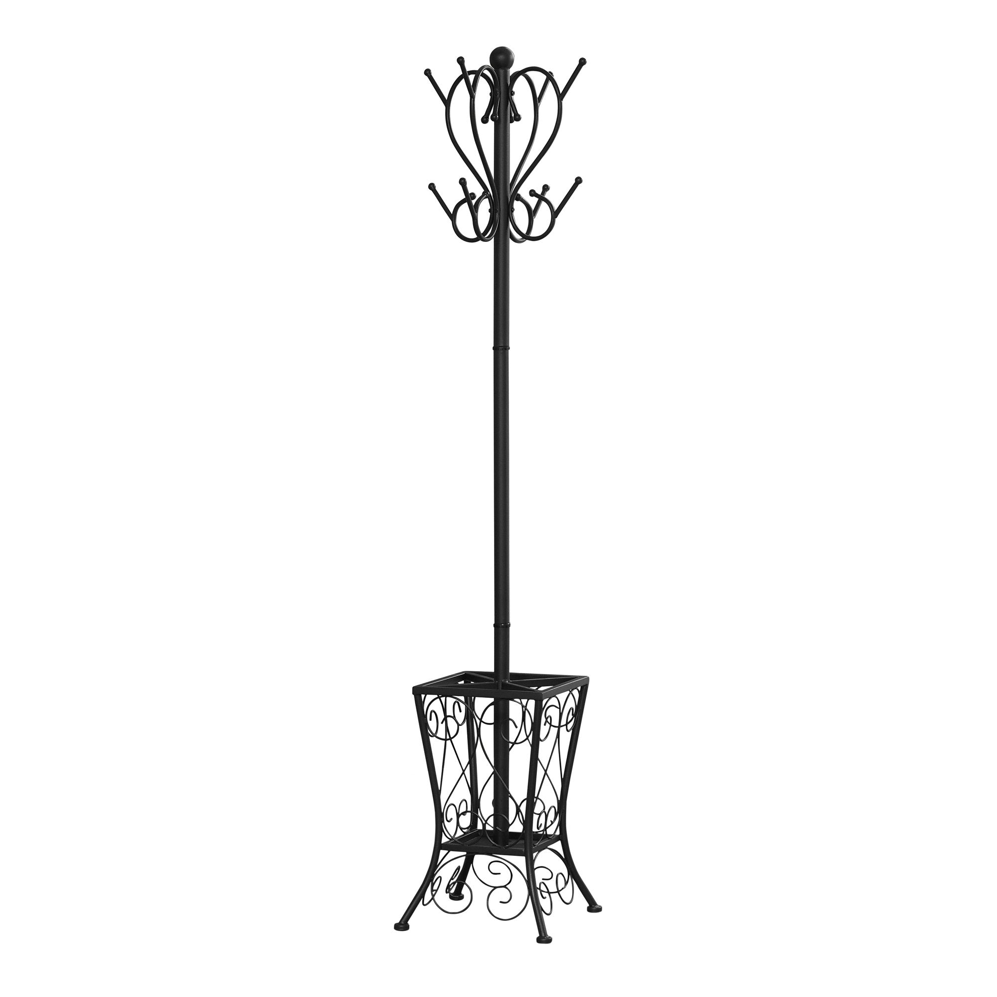 Black metal umbrella holder coat rack with 8 hooks and scrolled basket design, perfect for entryways.