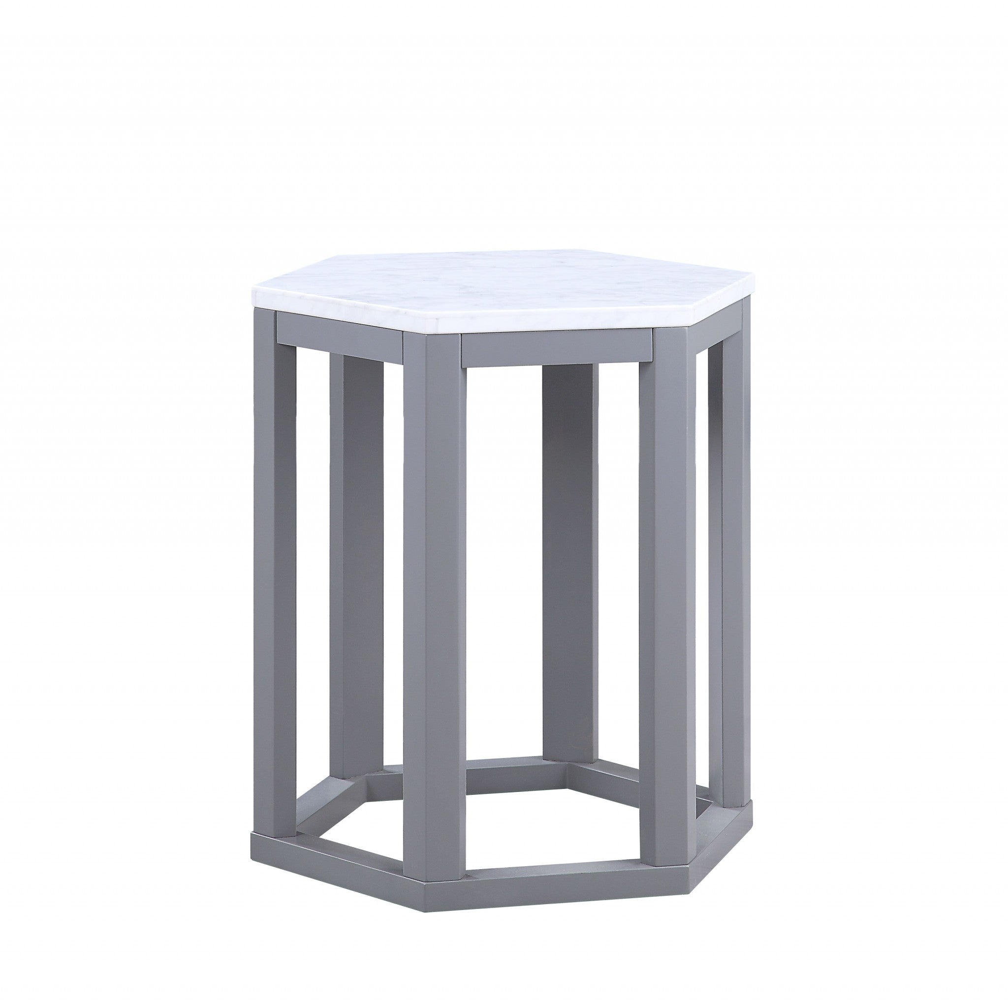Stylish silver marble wood end table with hexagon shape and open wood base, perfect for living room decor.