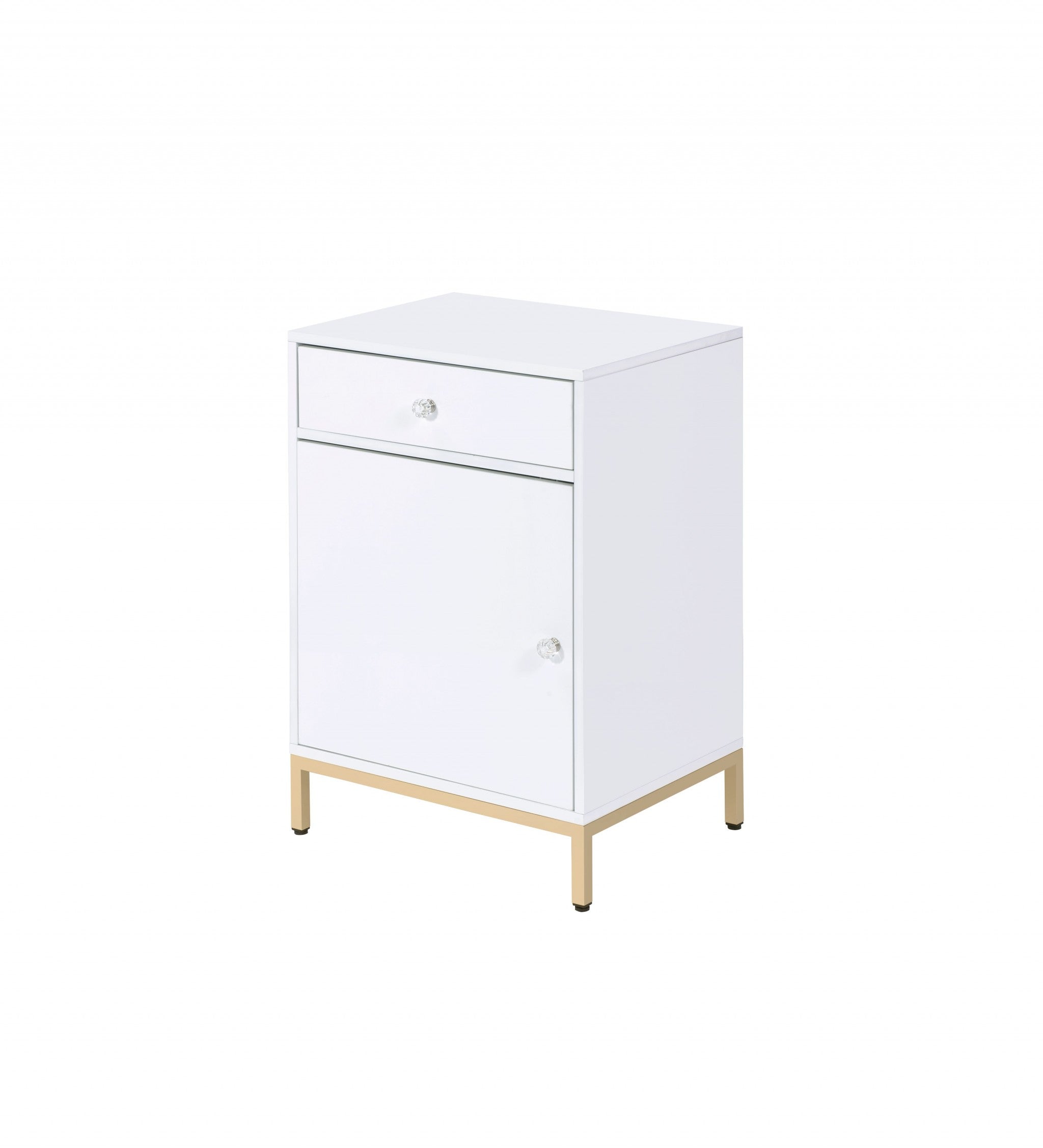Elegant white high gloss cabinet with gold metal base, featuring a door and storage drawer, perfect for modern office decor.