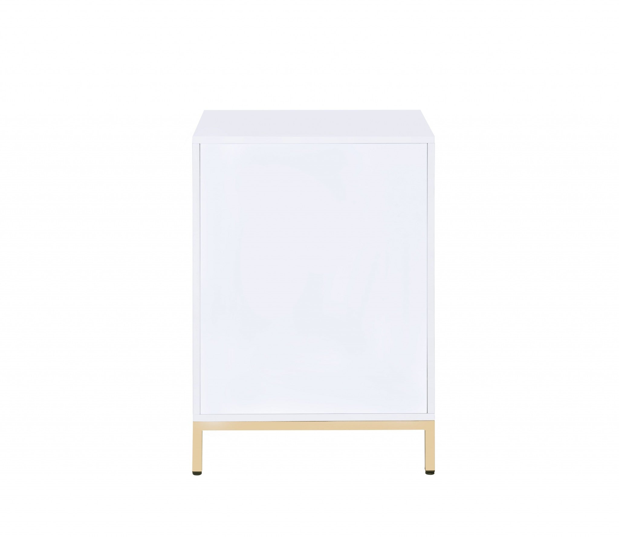 Elegant white high gloss cabinet with gold metal base, featuring a door and storage drawer, perfect for modern office decor.
