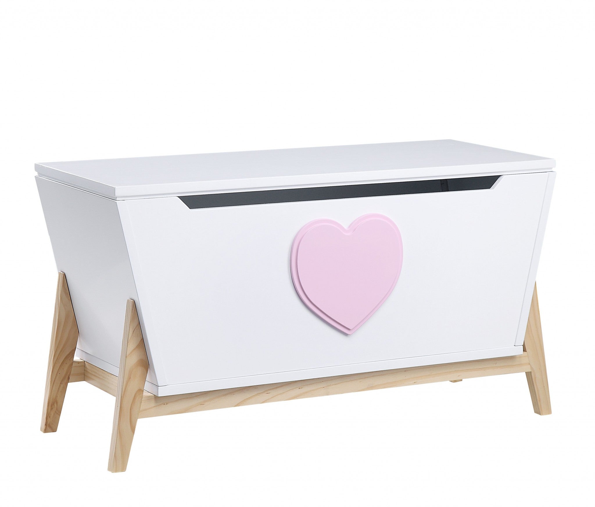 A stylish white and pink wood youth chest designed for children's storage, featuring a spacious interior and safety lid.