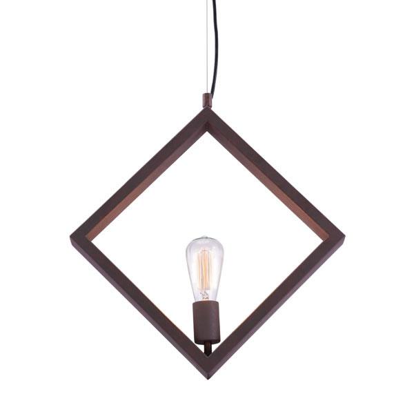 A stylish 17.7-inch rust metal ceiling lamp with a diamond-shaped frame and filament bulb, perfect for modern home decor.