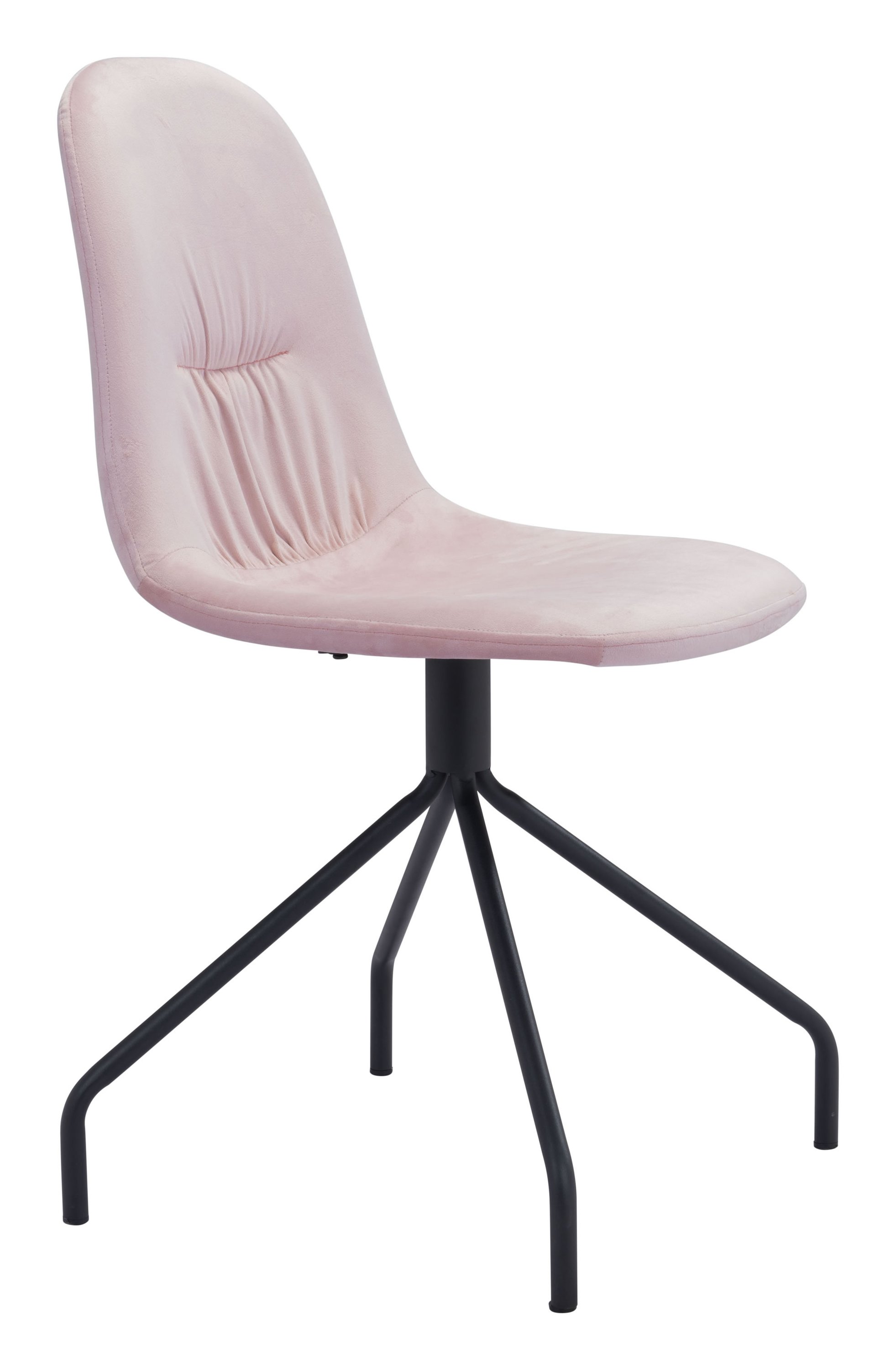 Set of two pink velvet chairs with steel and plywood frame, featuring a wide back for comfort.