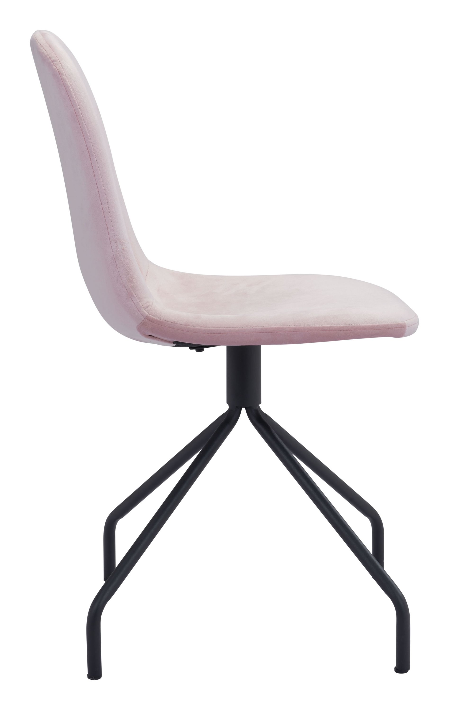 Set of two pink velvet chairs with steel and plywood frame, featuring a wide back for comfort.