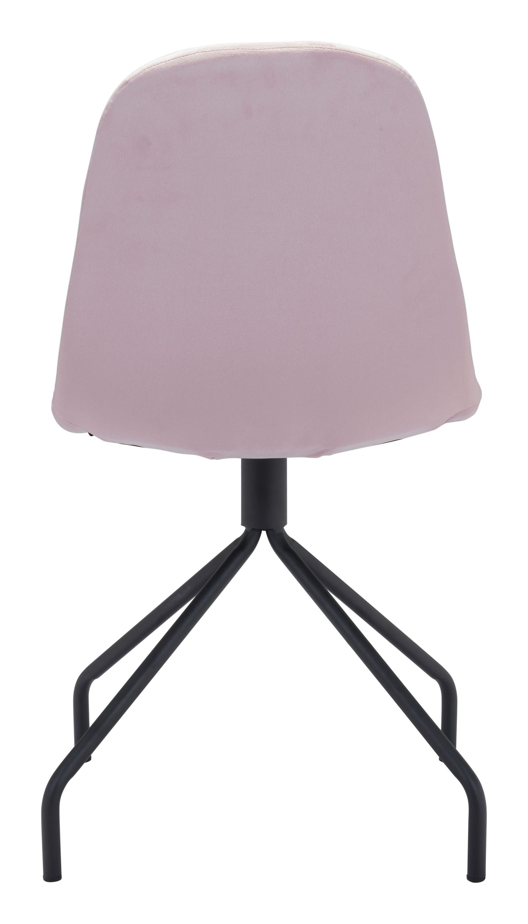 Set of two pink velvet chairs with steel and plywood frame, featuring a wide back for comfort.