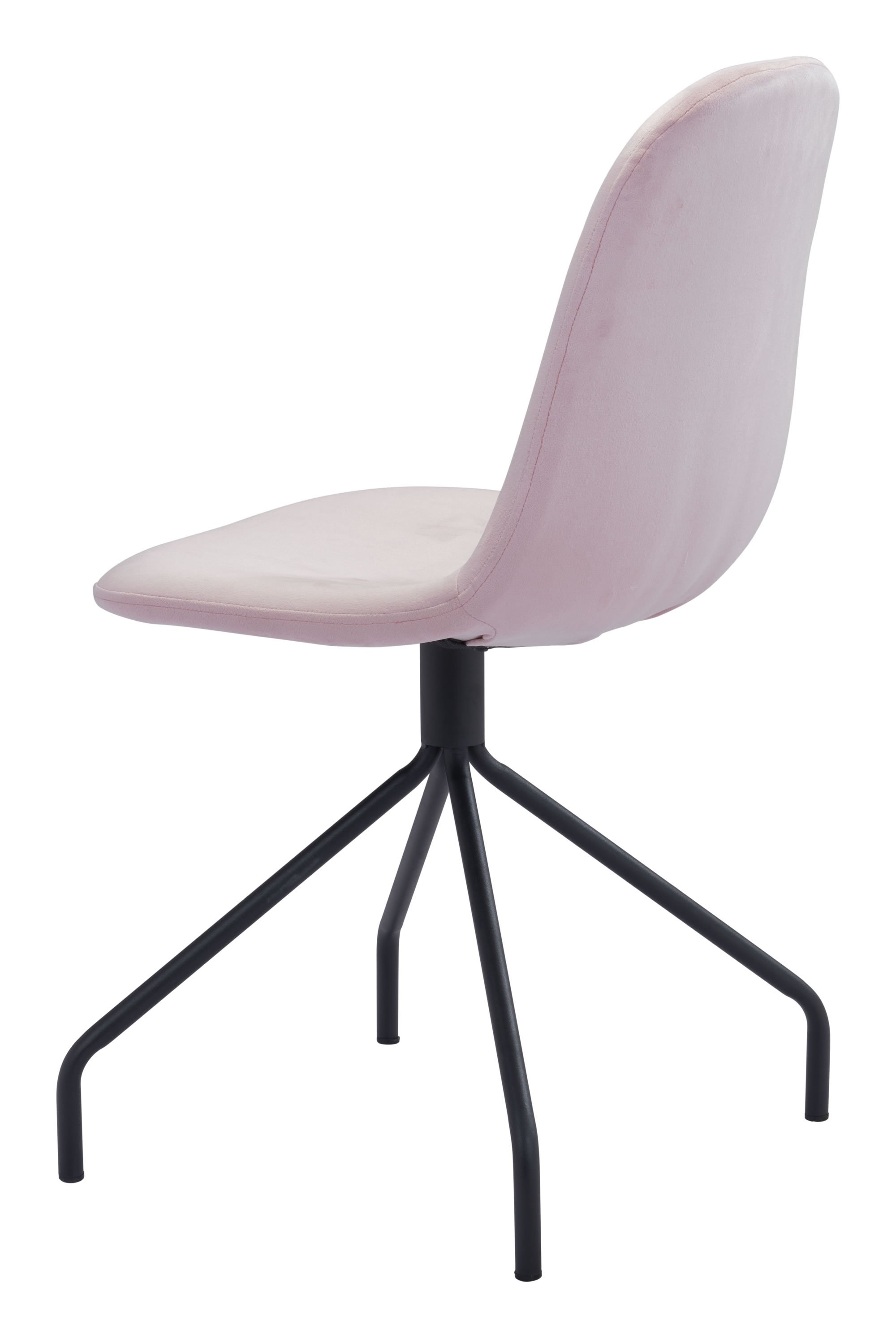 Set of two pink velvet chairs with steel and plywood frame, featuring a wide back for comfort.