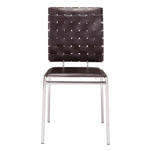Set of four modern dining chairs with espresso leatherette upholstery and chromed steel frame, showcasing a stylish design.