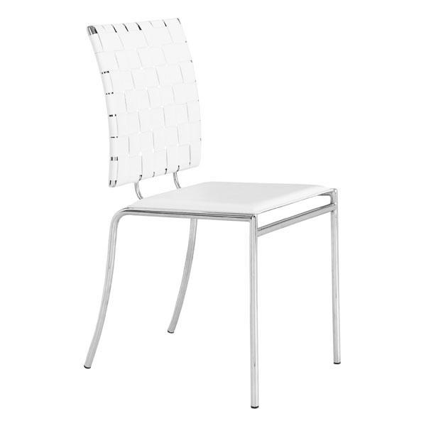 Set of four modern white leatherette dining chairs with chromed steel frames, showcasing a sleek design and sturdy construction.