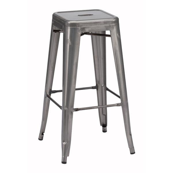 Two stylish gunmetal barstools with leather cushions, showcasing a modern design and sturdy frame.
