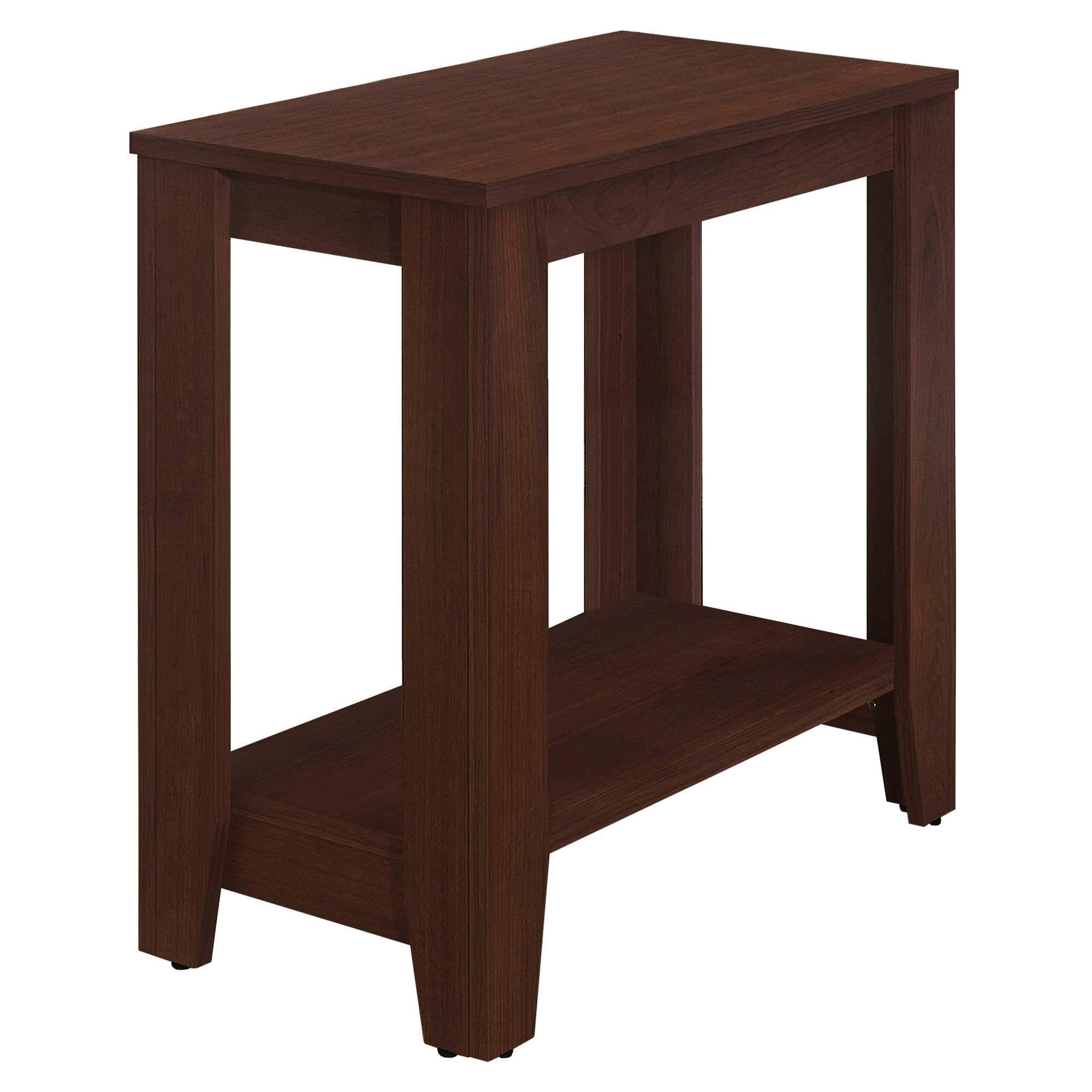Elegant cherry finish accent table with two-tiered design, perfect for decor and functionality.