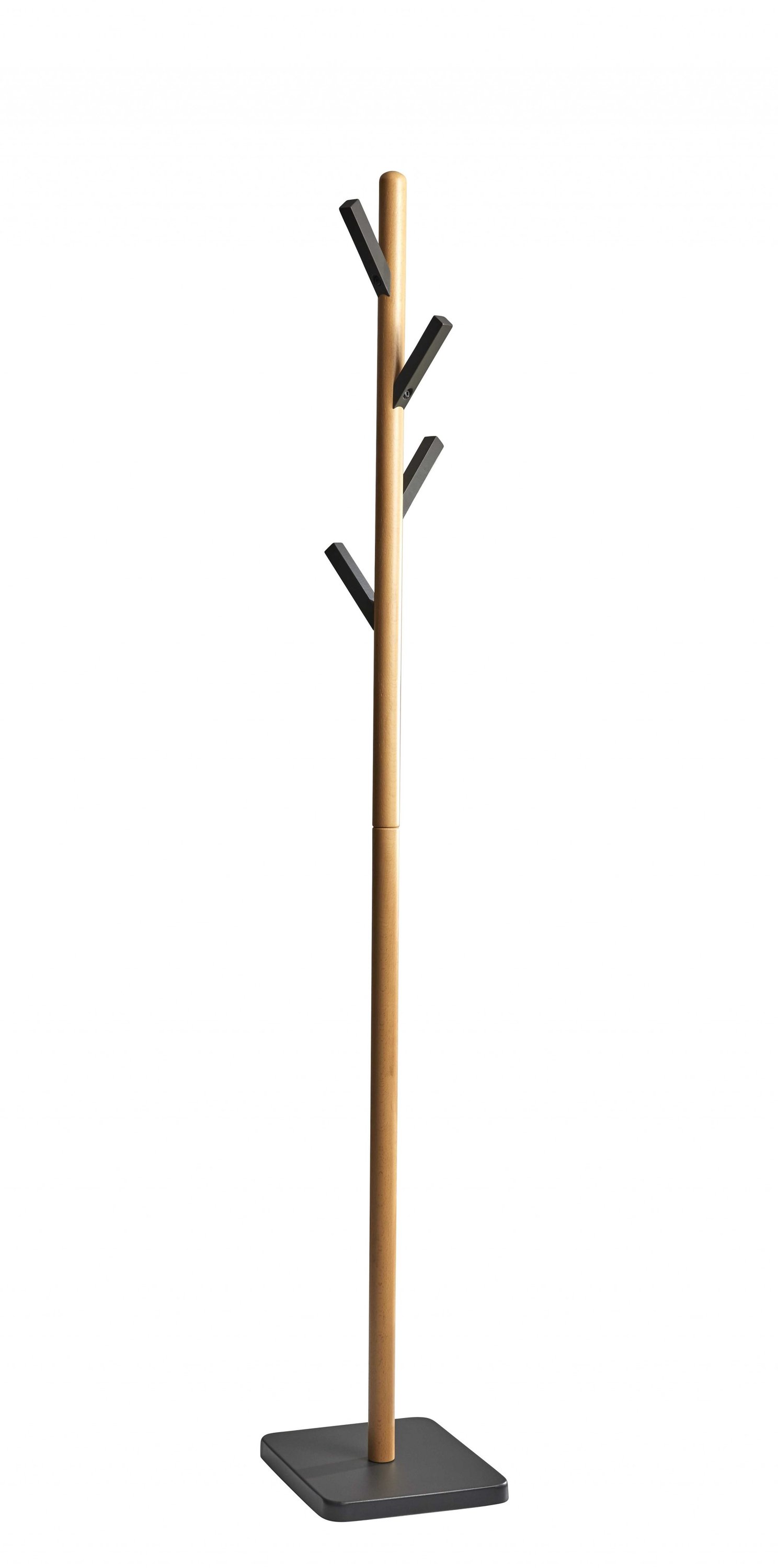 A stylish 11.75" X 9.75" X 66.5" natural coat rack made of beech wood with grey rubber wood hooks and a sturdy grey metal base.