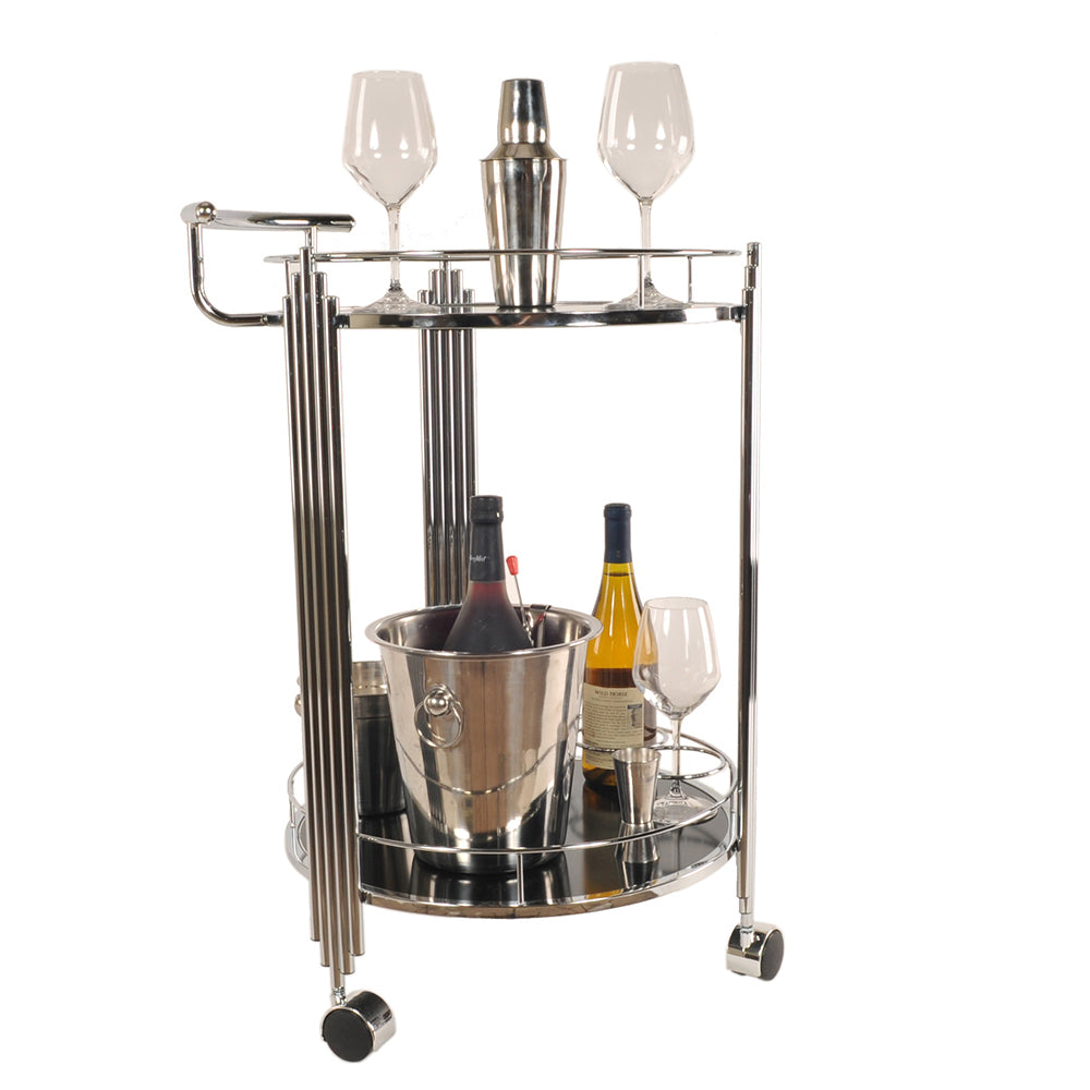Chrome Round 2-Tier Serving Trolley with tempered glass shelves and wheels, perfect for serving drinks and appetizers.