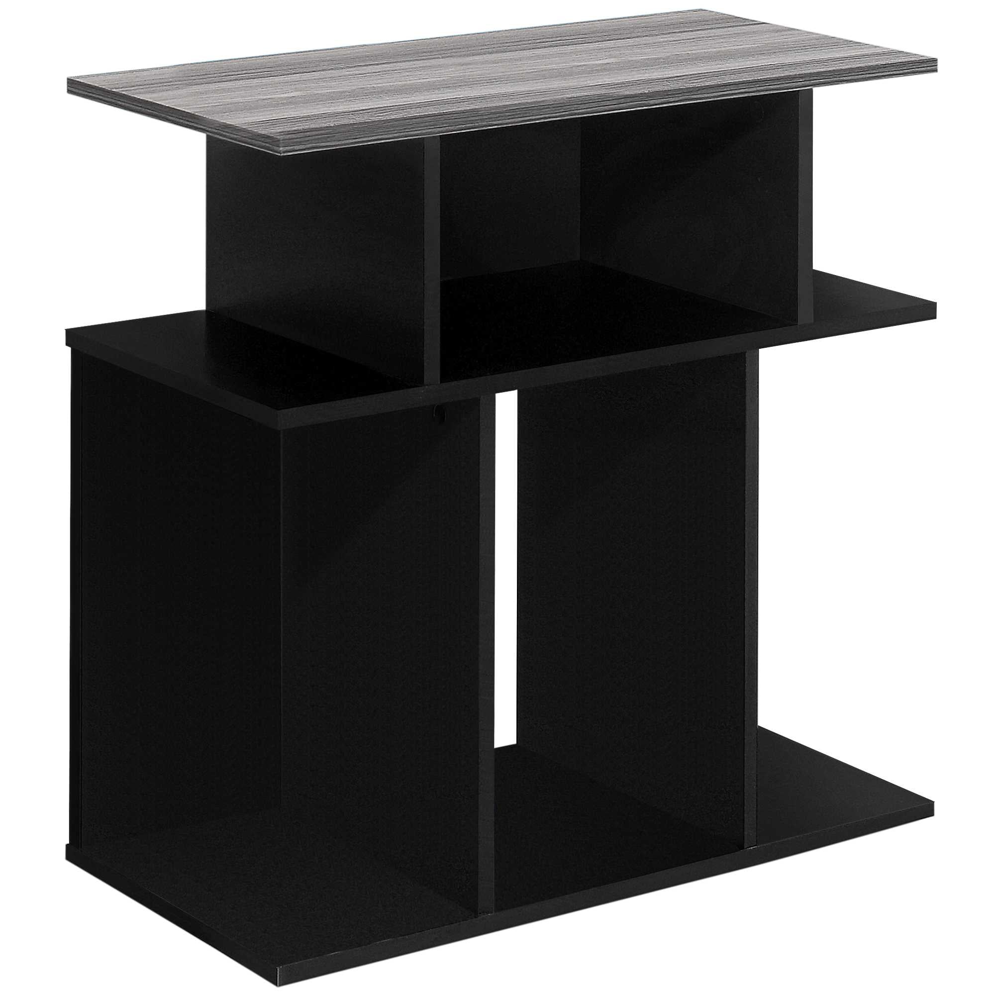 Contemporary black and grey particle board side table with 7 open shelves, perfect for displaying decor.