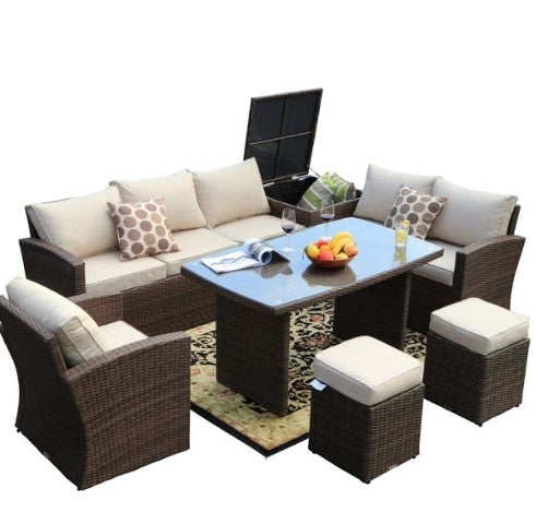 7-piece brown steel outdoor sectional sofa set with cushions, table, and storage box, perfect for outdoor relaxation.