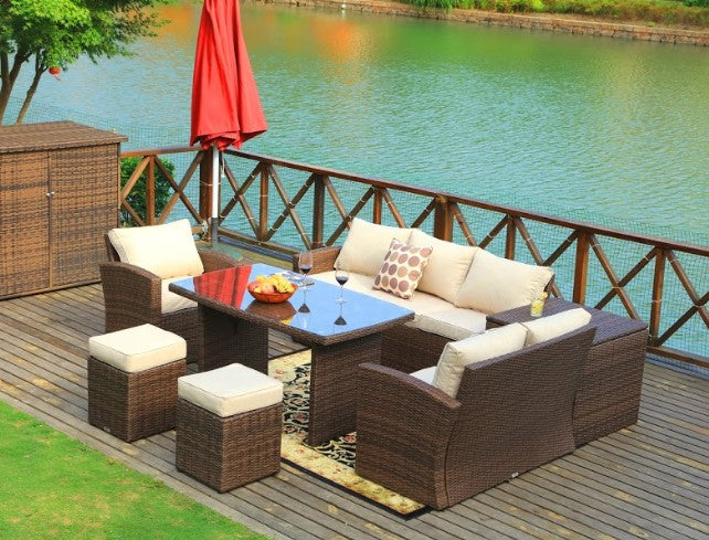 7-piece brown steel outdoor sectional sofa set with cushions, table, and storage box, perfect for outdoor relaxation.