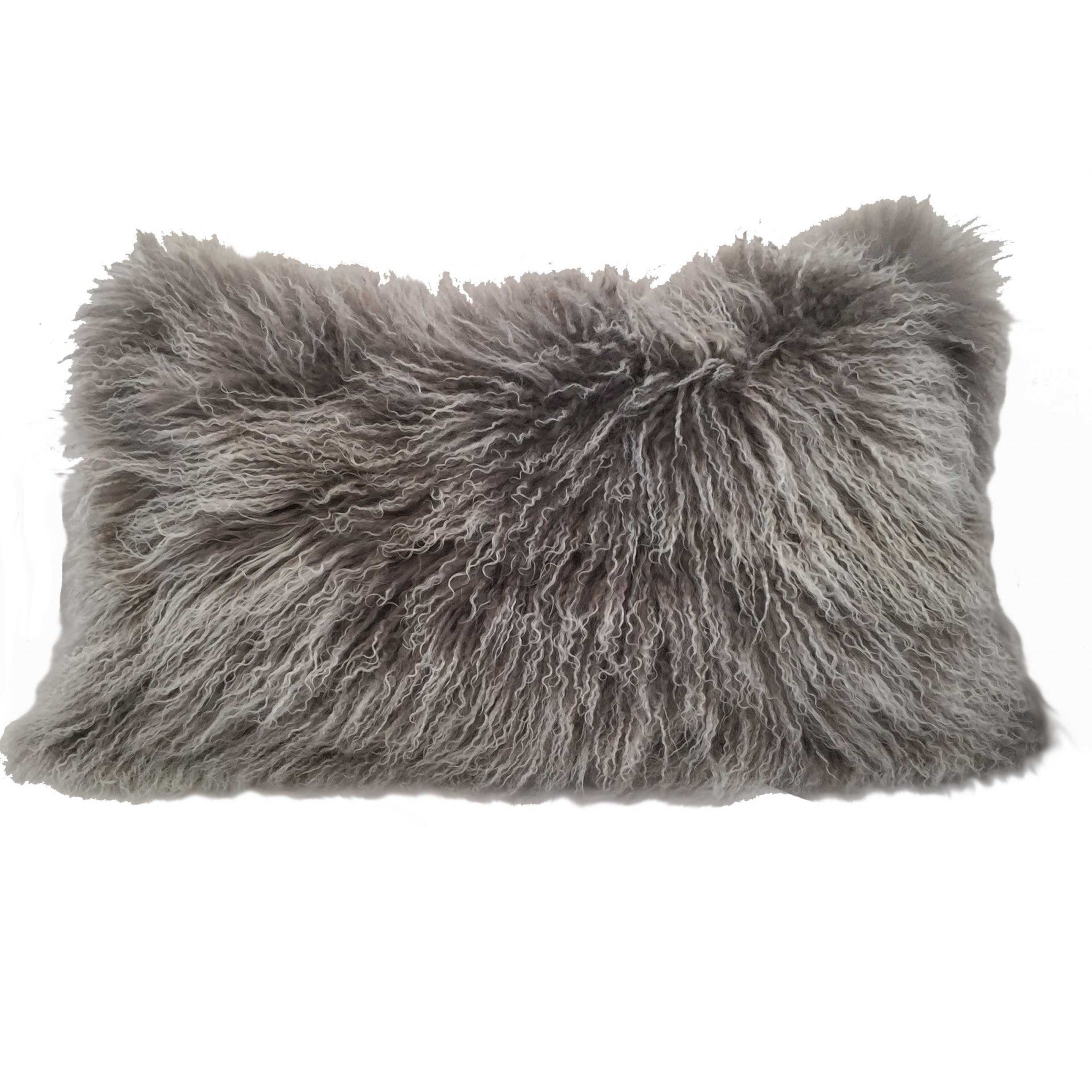 17-inch Grey Genuine Tibetan Lamb Fur Pillow with soft microsuede backing, showcasing luxurious texture and elegant design.