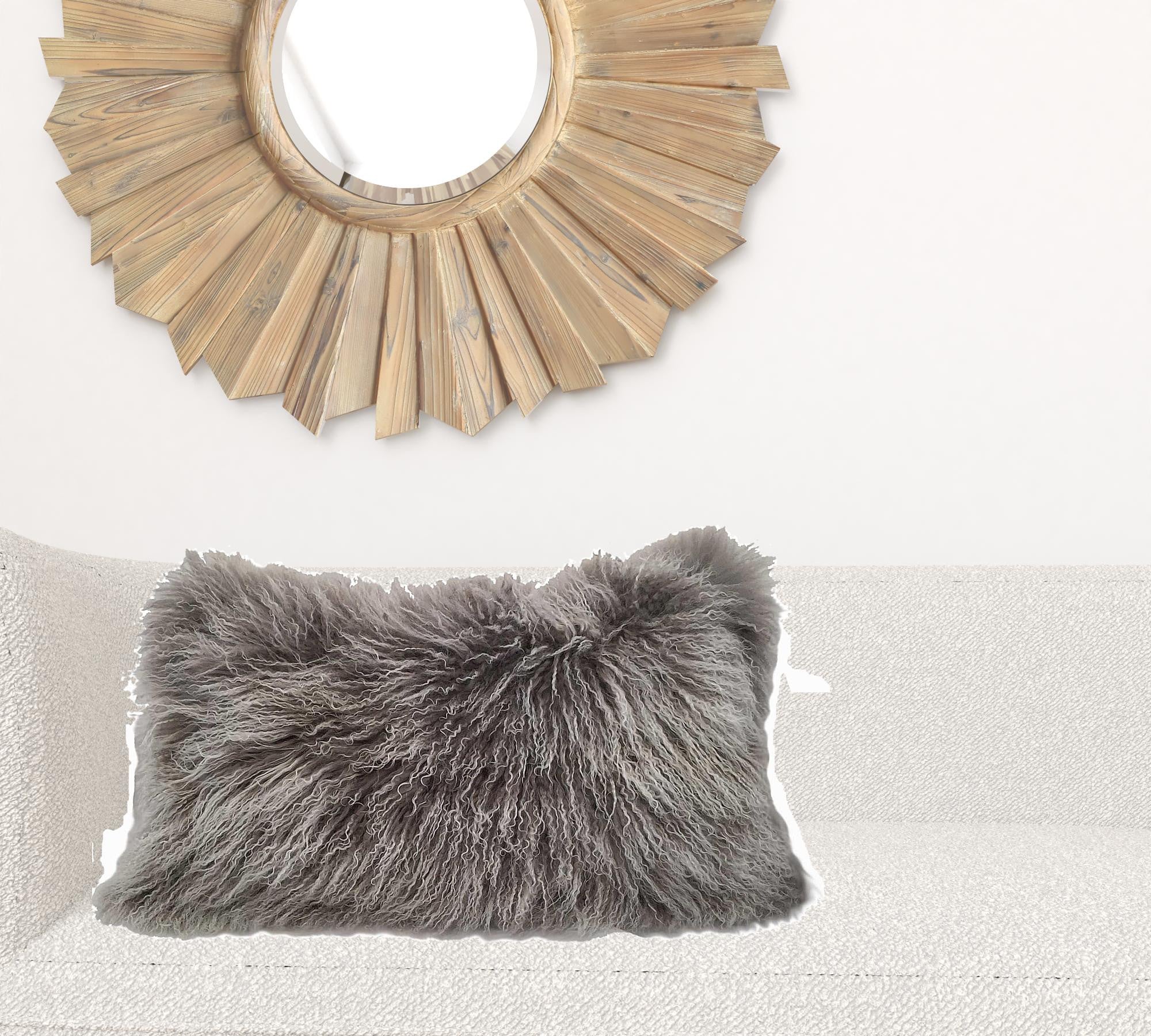 17-inch Grey Genuine Tibetan Lamb Fur Pillow with soft microsuede backing, showcasing luxurious texture and elegant design.