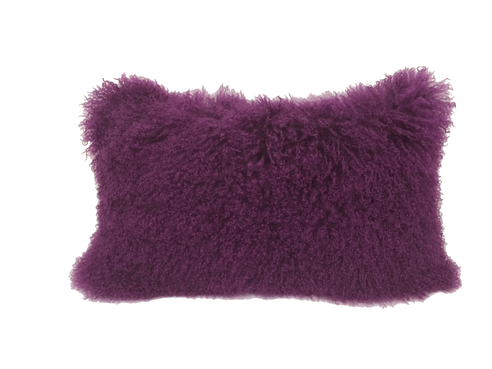 A luxurious 17-inch purple genuine Tibetan lamb fur pillow with a soft microsuede backing, elegantly displayed on a sofa.
