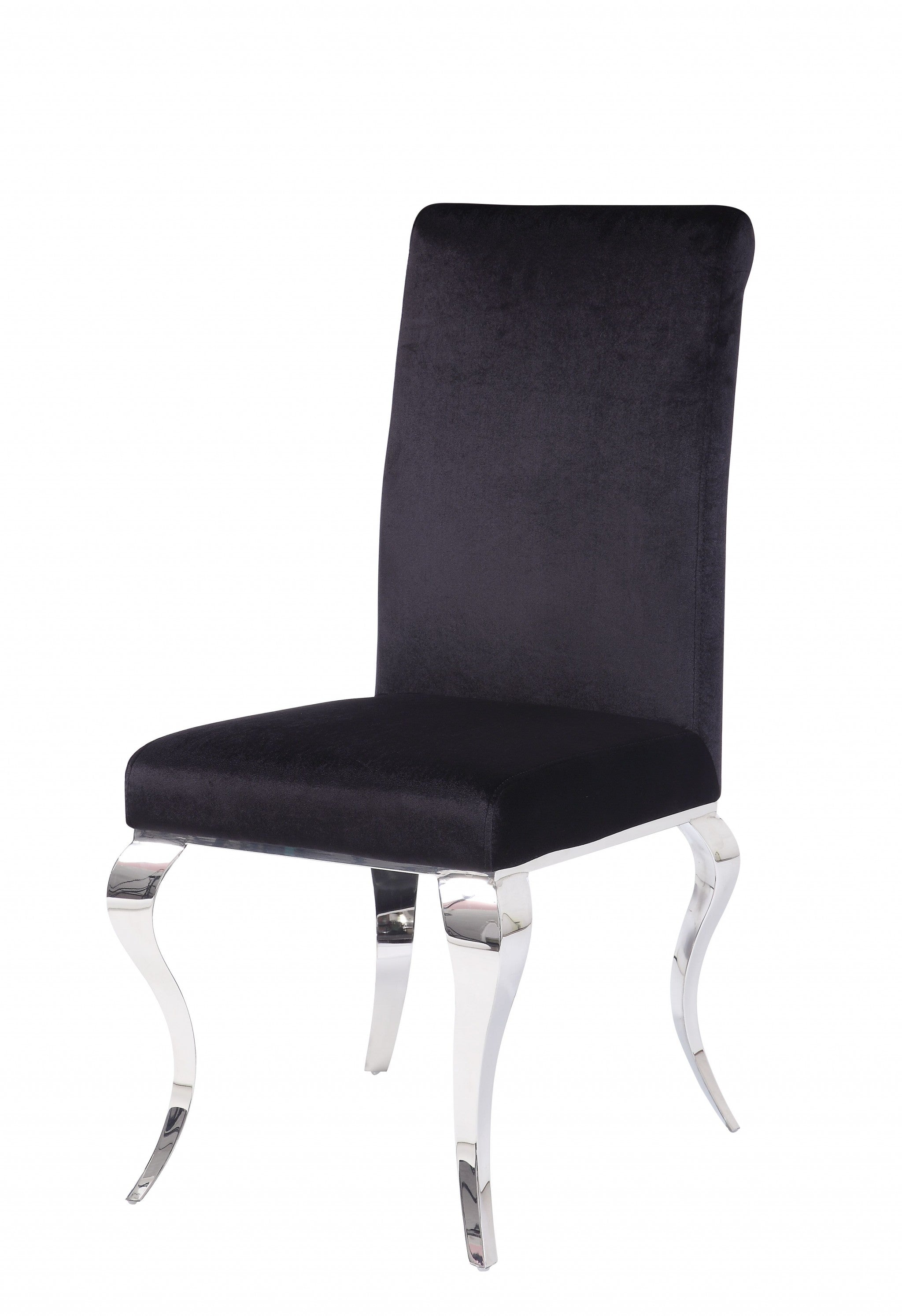 Stylish 17x20x44 inches upholstered seat chair with stainless steel legs, perfect for modern dining rooms.