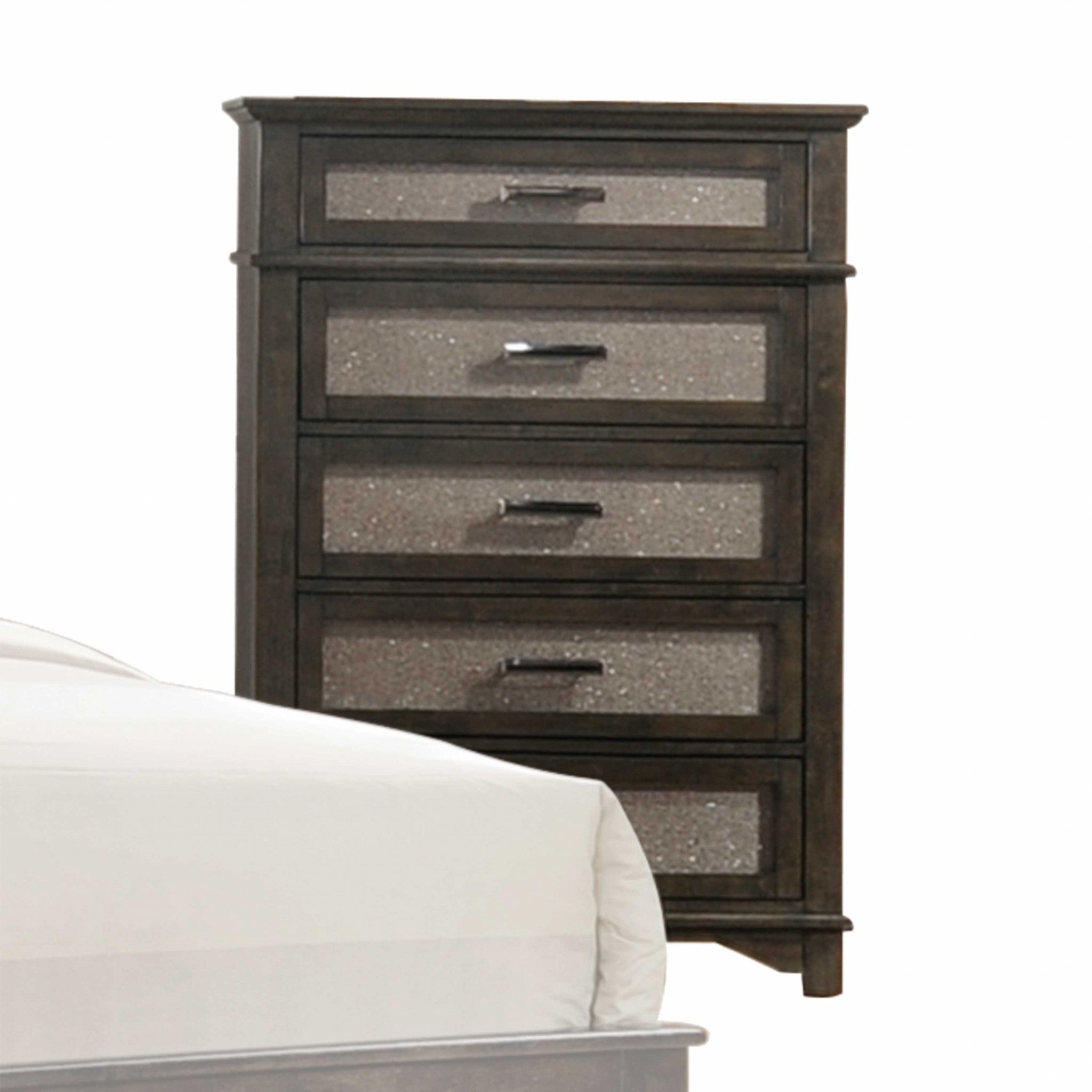 A stylish dark walnut wood chest measuring 17x33x48 inches, featuring a hand-applied burnish finish and metal handles, perfect for elegant storage.