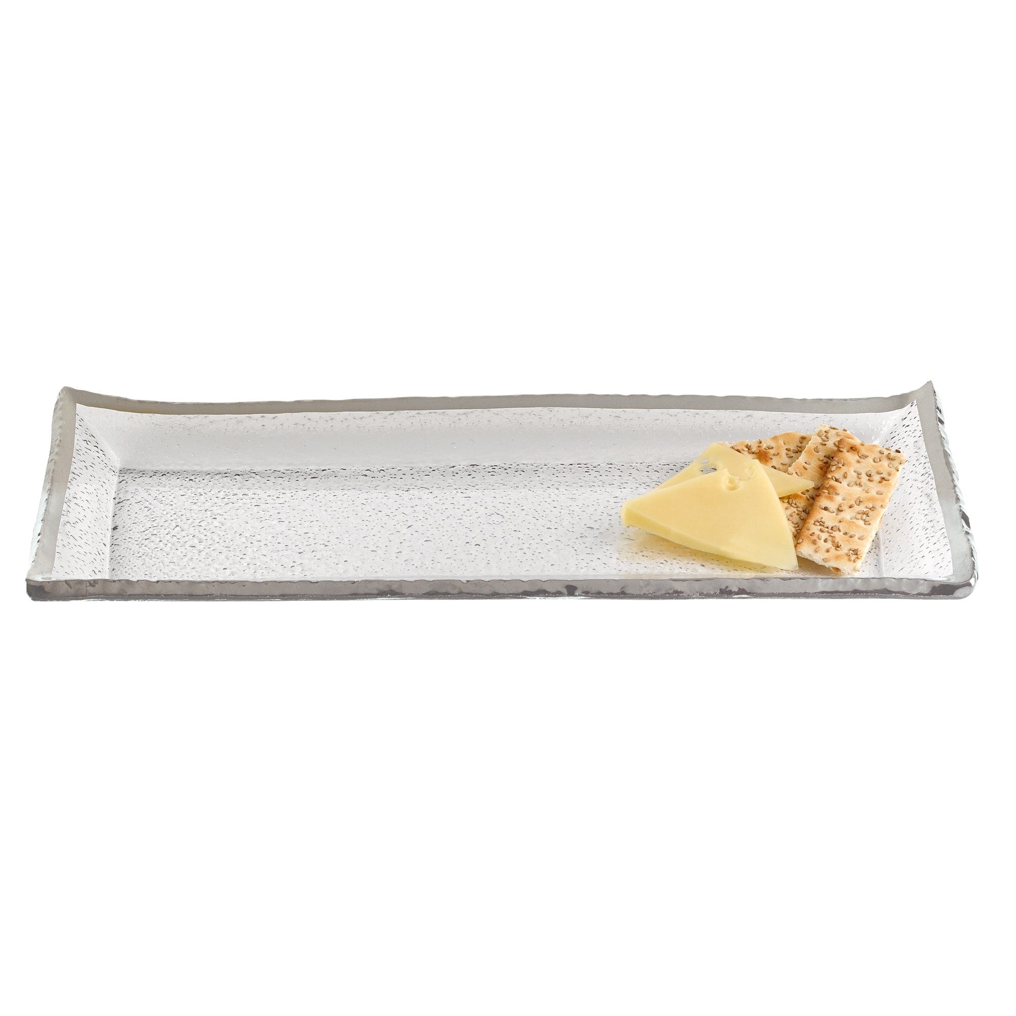 Elegant 18-inch mouth blown rectangular edge silver serving platter made of high-grade glass, showcasing its unique design and shiny finish.