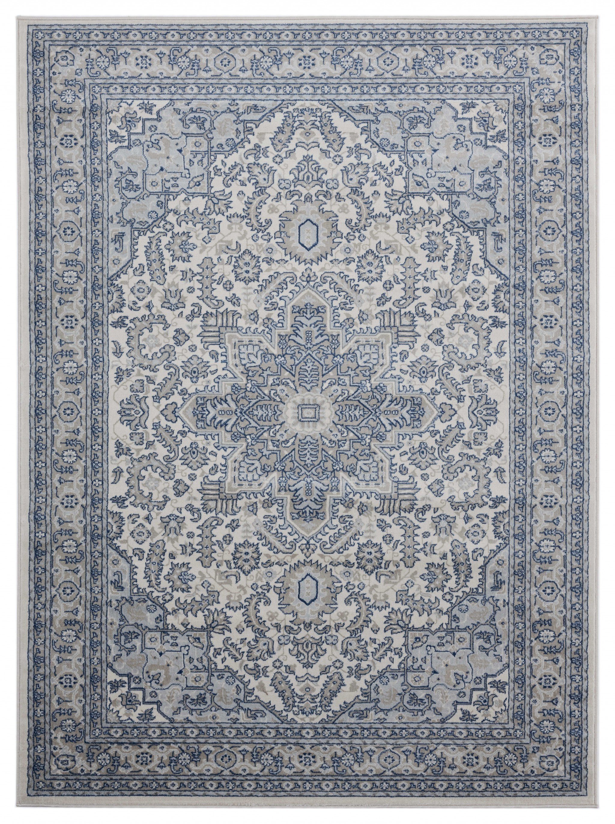 A luxurious 118" x 158" cream olefin rug featuring elegant charcoal grey accents, perfect for enhancing interior decor.