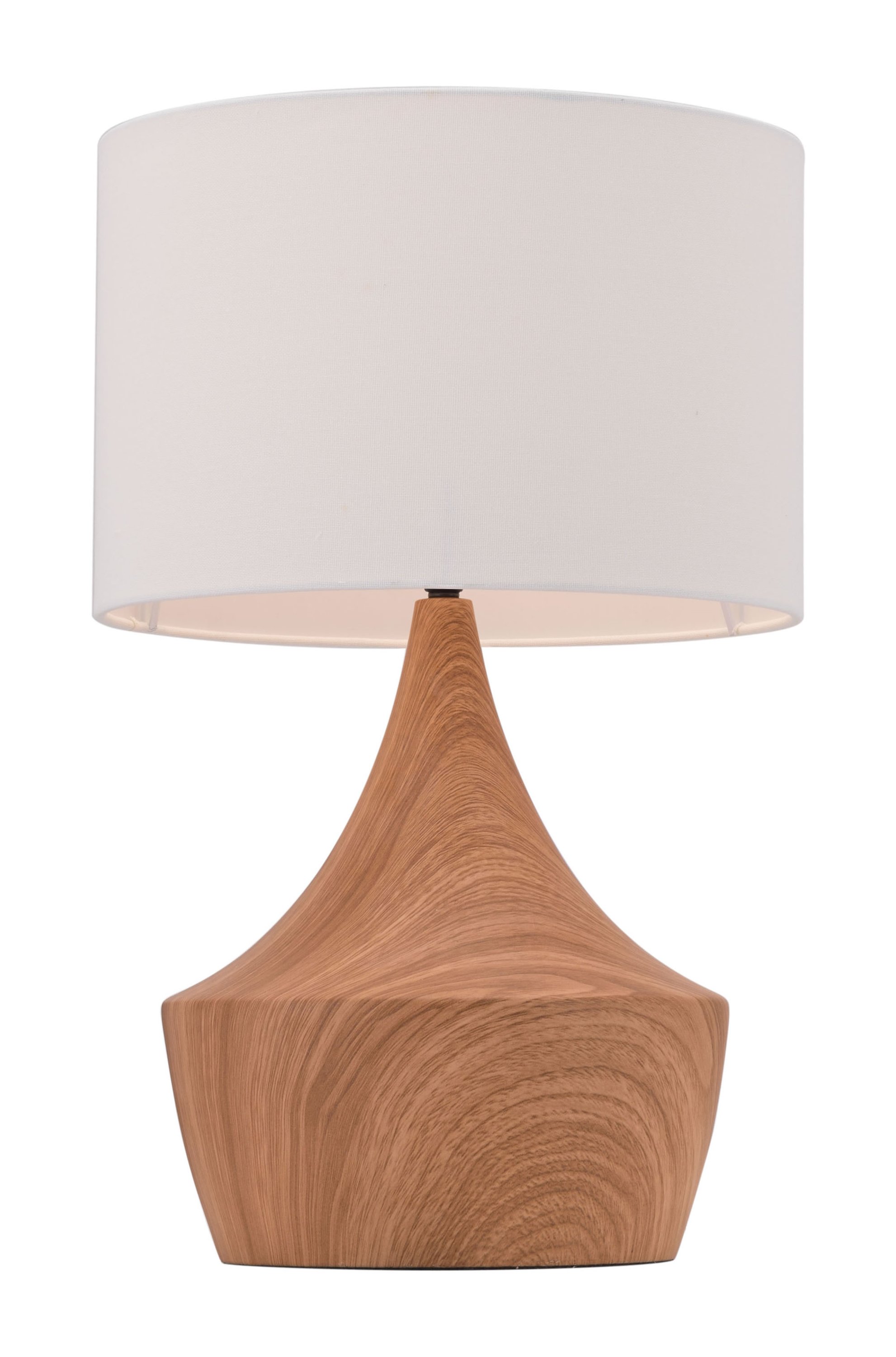 Stylish 11.8" x 11.8" x 18.7" table lamp with faux wood grain finish and off-white shade, perfect for modern decor.