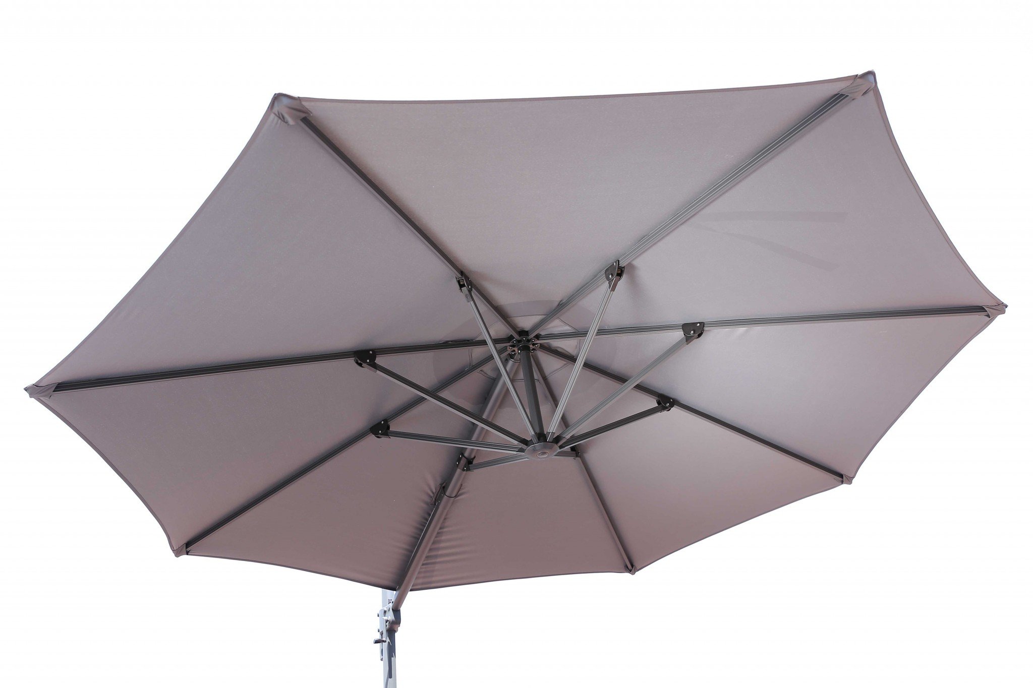 A stylish 118" X 118" X 97" gray steel standing umbrella, showcasing contemporary design and high-grade iron construction.