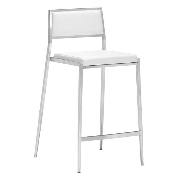 Elegant white leatherette counter chair with stainless steel base, showcasing a modern design suitable for various interiors.