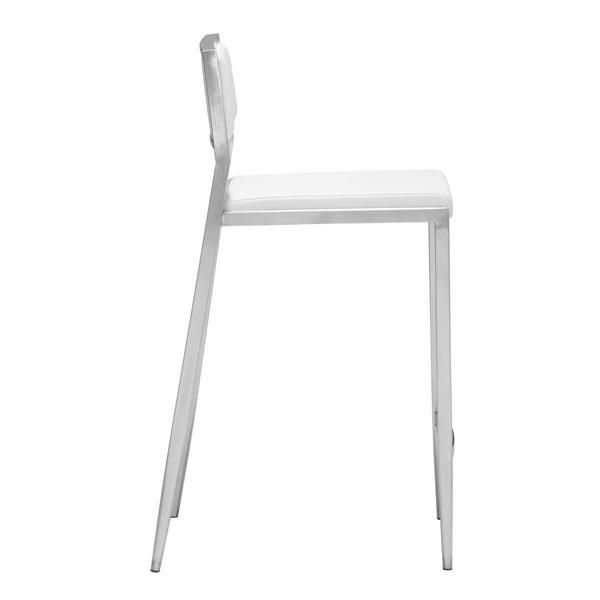 Elegant white leatherette counter chair with stainless steel base, showcasing a modern design suitable for various interiors.