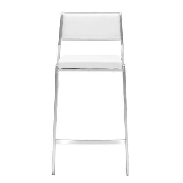 Elegant white leatherette counter chair with stainless steel base, showcasing a modern design suitable for various interiors.