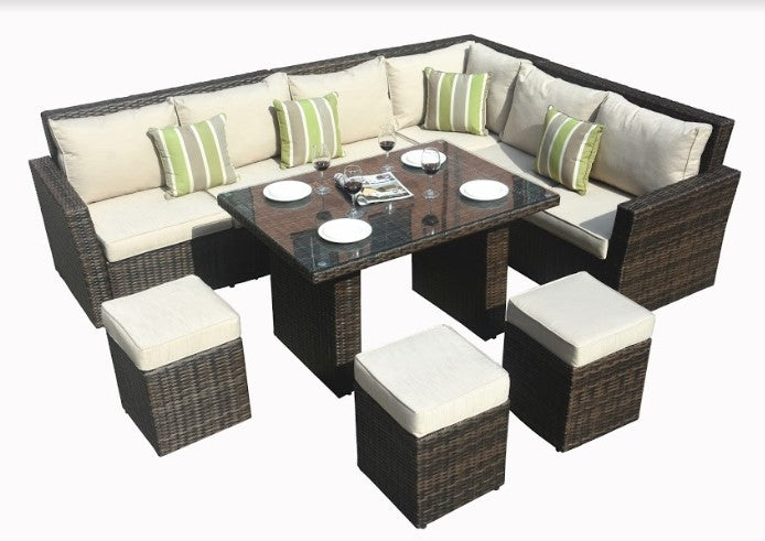 Brown 8-piece outdoor sectional sofa set featuring two side sofas, one corner sofa, one middle sofa, a table with tempered glass, and three ottomans.