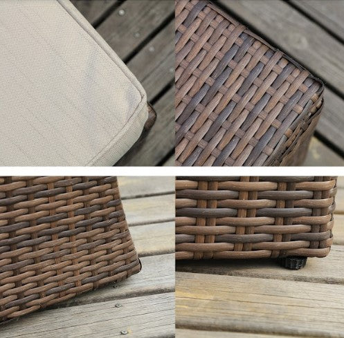 Brown 8-piece outdoor sectional sofa set featuring two side sofas, one corner sofa, one middle sofa, a table with tempered glass, and three ottomans.