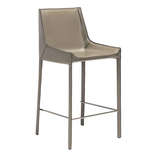 Two stylish stone gray bar chairs with recycled leather seats and chrome footrests, perfect for modern kitchens or bars.