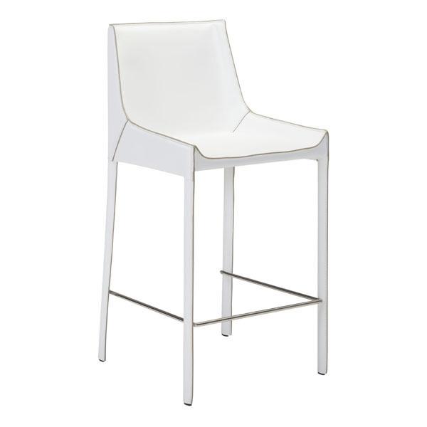 Two modern white bar chairs made of recycled leather and metal, featuring a sleek design and chrome footrest.