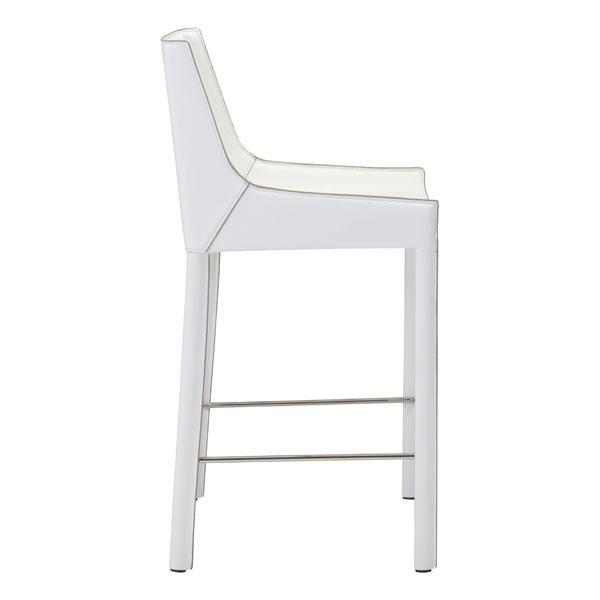 Two modern white bar chairs made of recycled leather and metal, featuring a sleek design and chrome footrest.