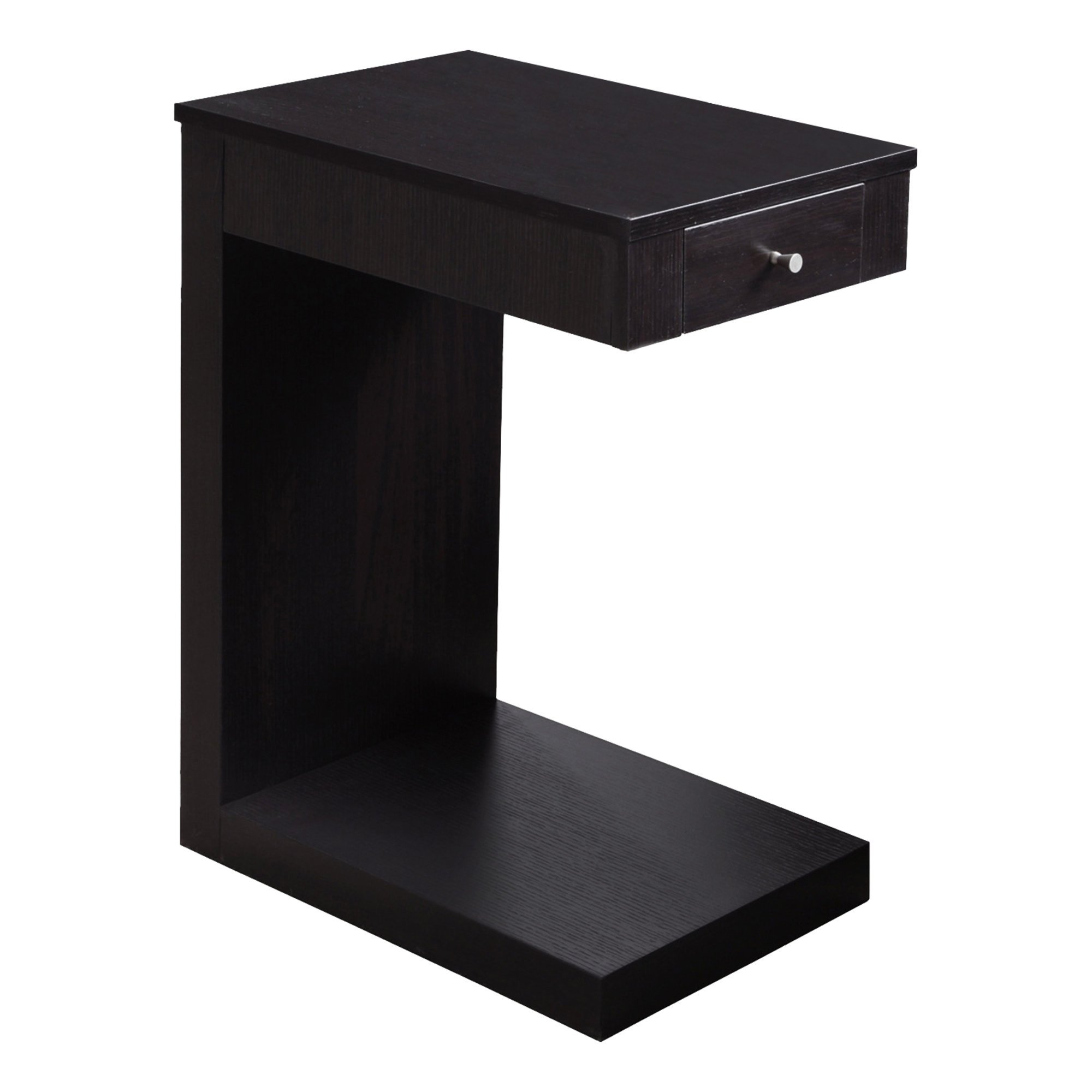 Cappuccino finish hollow core accent table with front drawer, stylish design, and compact dimensions, perfect for living room decor.