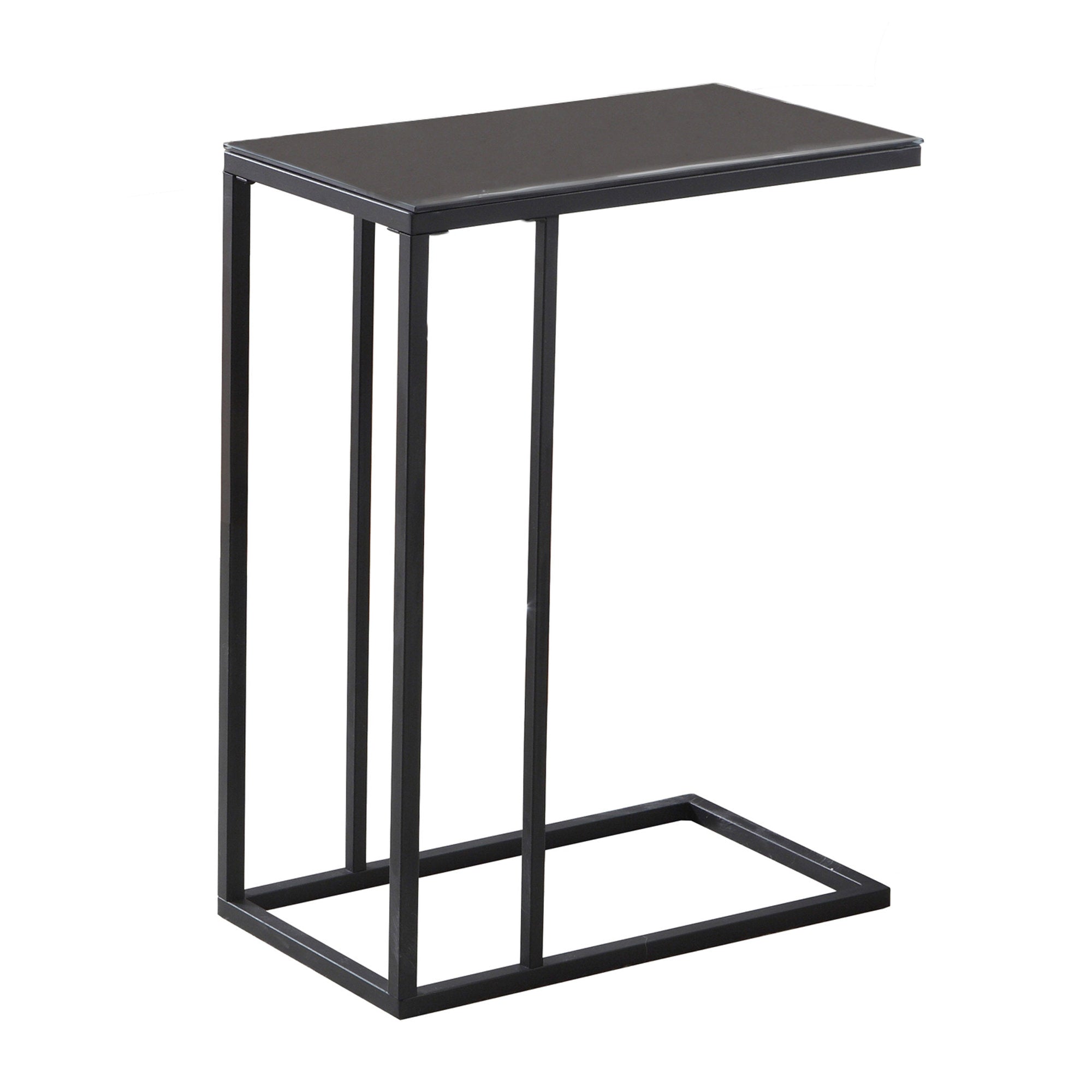 Elegant black metal accent table with tempered glass top, showcasing a modern design suitable for any living space.