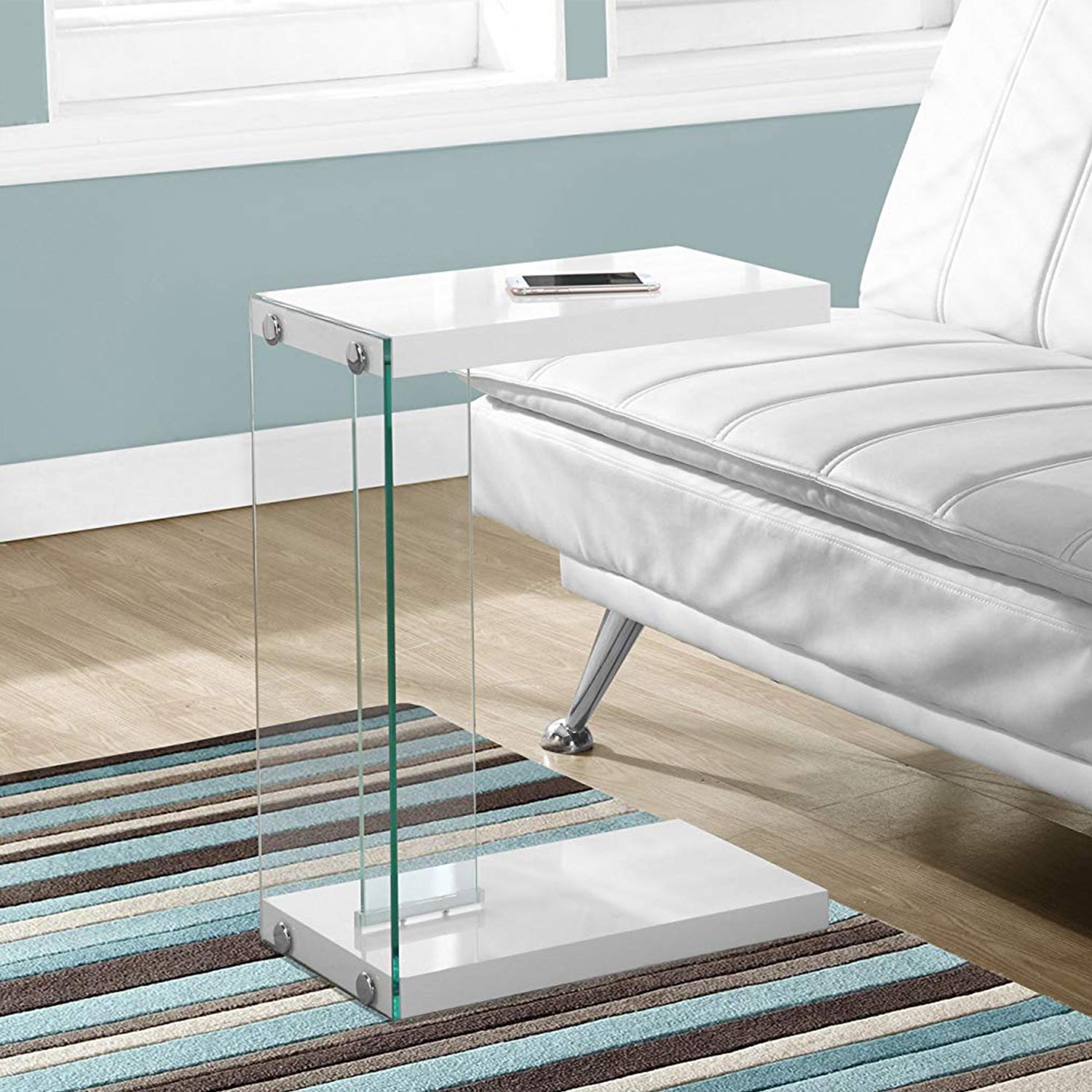 Elegant white finish tempered glass accent table with modern design, perfect for any room decor.