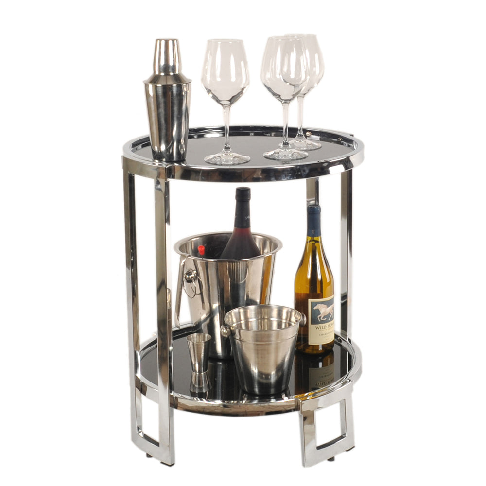A stylish chrome round end table featuring a sleek chrome frame and black tempered glass top, perfect for modern home decor.