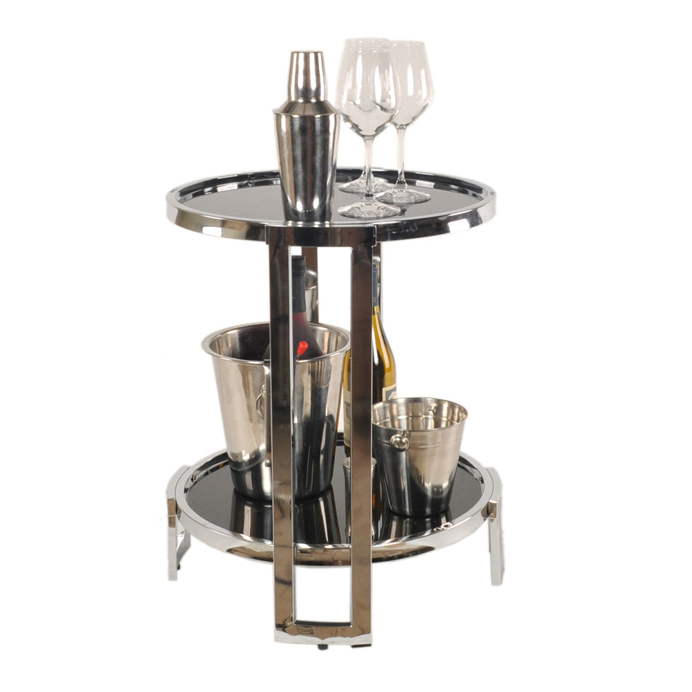 A stylish chrome round end table featuring a sleek chrome frame and black tempered glass top, perfect for modern home decor.