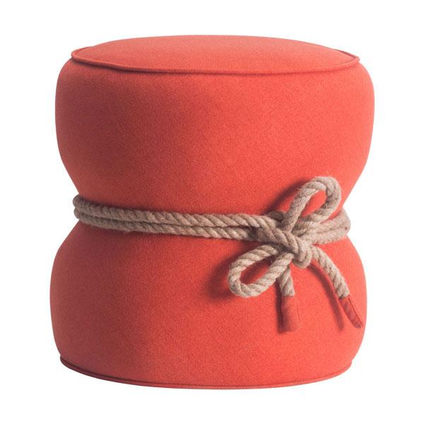 Vibrant orange polyblend ottoman with nautical rope trim, featuring an hourglass shape, perfect for home decor.