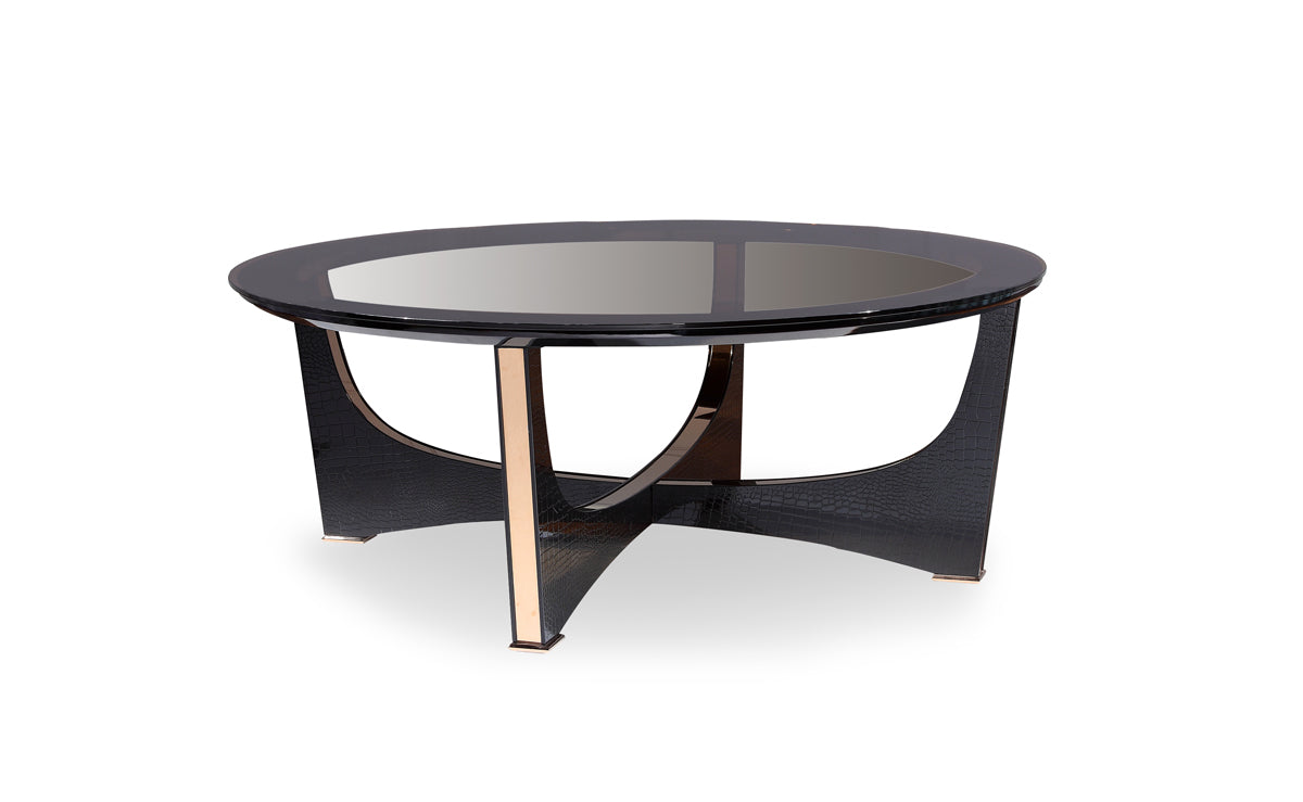 Elegant 18-inch black crocodile textured coffee table with rosegold accents and glass top, perfect for modern living spaces.