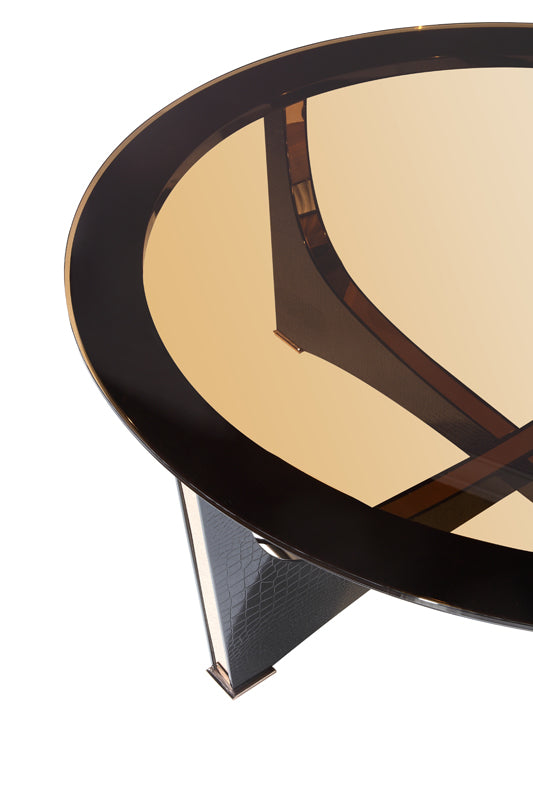 Elegant 18-inch black crocodile textured coffee table with rosegold accents and glass top, perfect for modern living spaces.