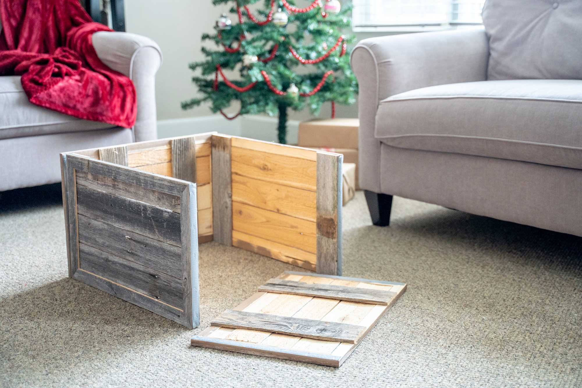 18-inch Natural Weathered Gray Christmas Tree Collar made from reclaimed wood, featuring a rustic plank design, perfect for holiday decor.